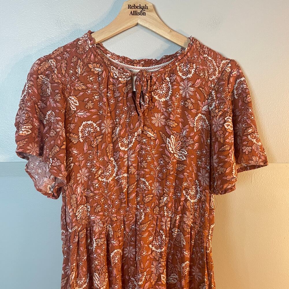 Knox Rose SZ Large Floral Ruffle Short Sleeve Full Length Orange Pink Dress EUC - Picture 3 of 12